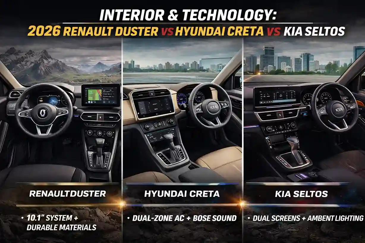 Interior view of 2026 Renault Duster featuring 10.1-inch touchscreen, digital instrument cluster, and matte finish dashboard.