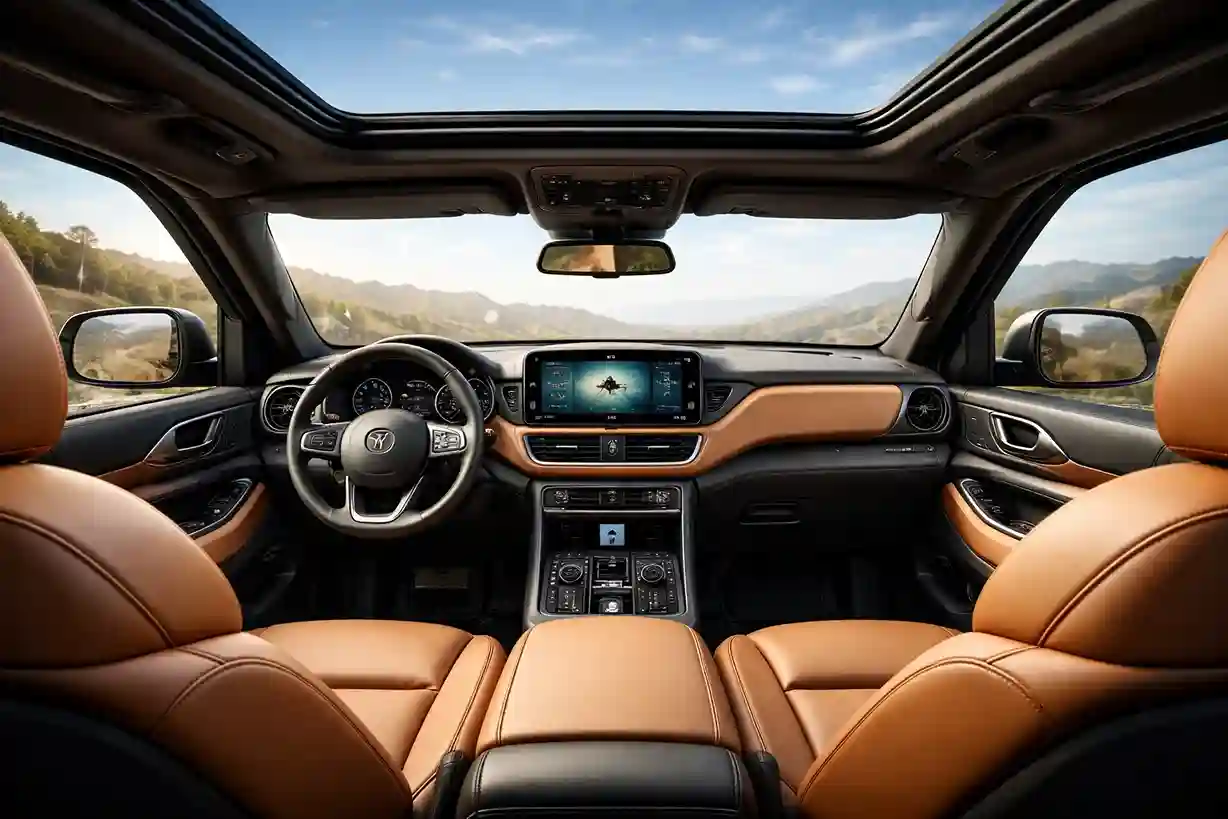 Luxury SUV-like interior of Mahindra Scorpio Pik Up featuring premium leather seats, large touchscreen, digital cluster and panoramic sunroof