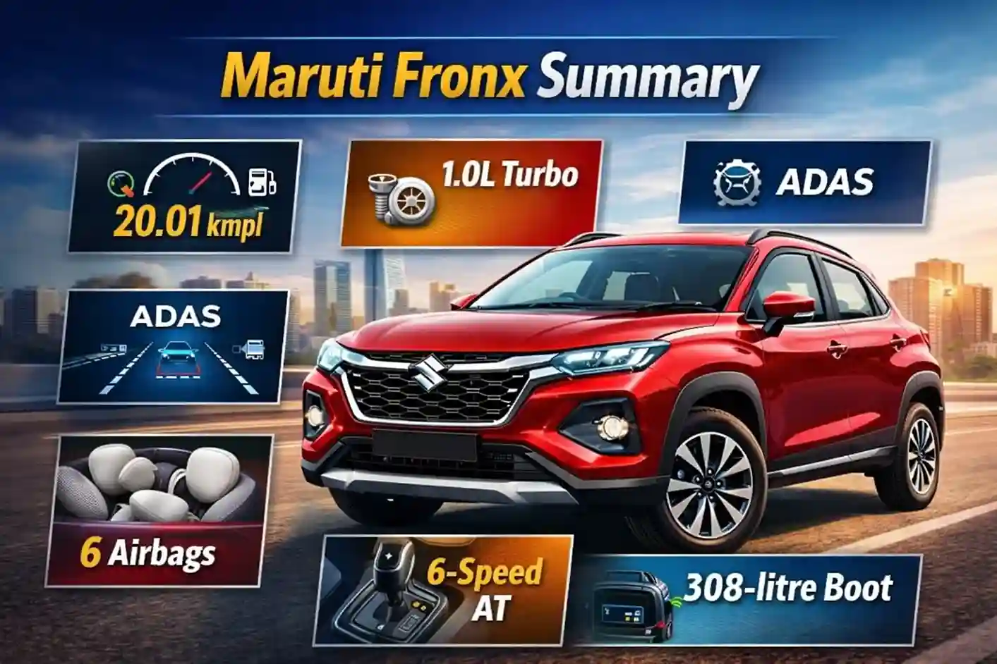 Maruti Fronx review showing strong mileage, smart features and modern SUV design 