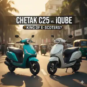 Side-by-side comparison of the new Bajaj Chetak C25 2025 model in teal and the TVS iQube in white on an Indian city street