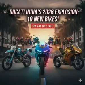 A lineup of new 2026 Ducati superbikes including Panigale V4 R and Monster V2 in a high-tech RGB lighting studio setting.
