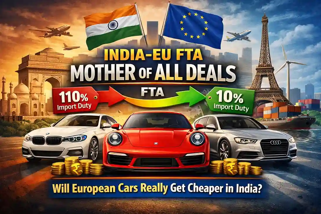 India EU FTA impact on European cars showing import duty reduction from 110 percent to 10 percent and luxury car prices in India