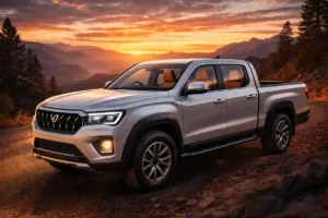 Mahindra Scorpio Pik Up lifestyle pickup truck parked on a mountain road showcasing rugged design, LED DRLs and premium interiors