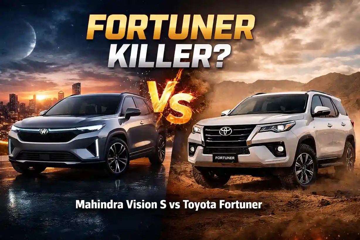 Mahindra Vision S vs Toyota Fortuner comparison showing futuristic design and rugged SUV stance in 2026