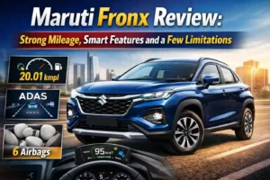 Maruti Fronx review showing strong mileage, smart features and modern SUV design