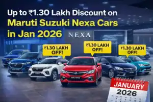 Maruti Suzuki Nexa cars with January 2026 discounts up to ₹1.30 lakh displayed at a Nexa showroom