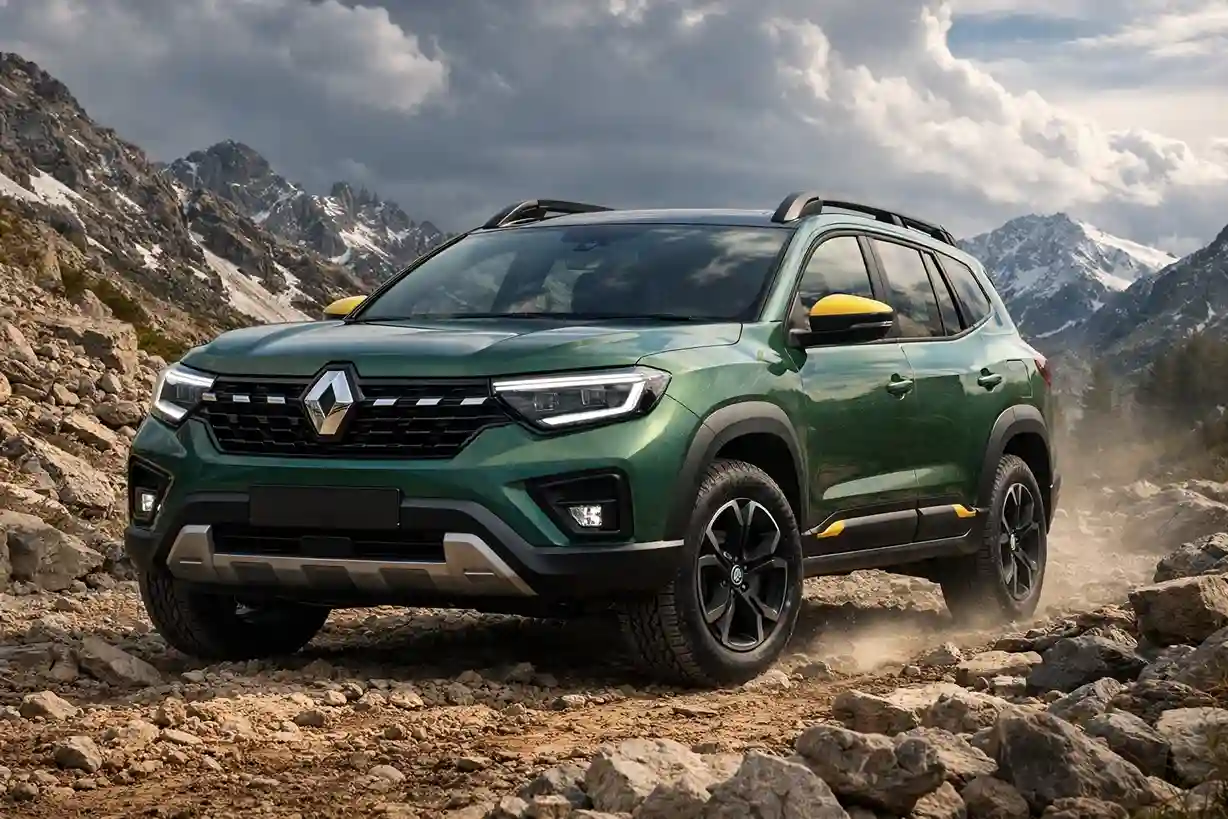 New Renault Duster 2026 India-spec SUV in Mountain Jade Green with rugged design and AWD-ready stance