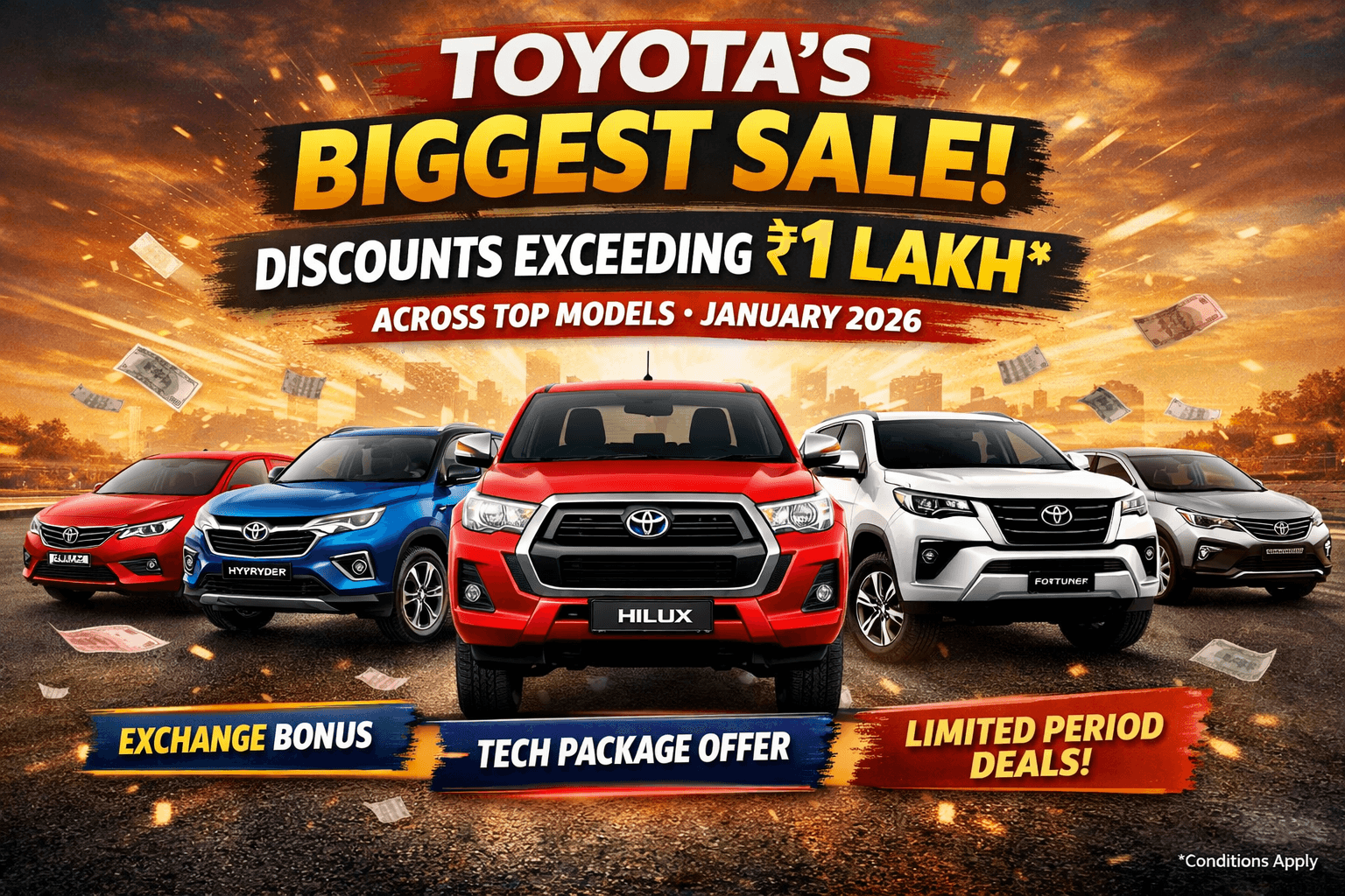 Toyota biggest sale January 2026 with discounts up to ₹1 lakh on Glanza, Hyryder, Hilux, Fortuner and Innova