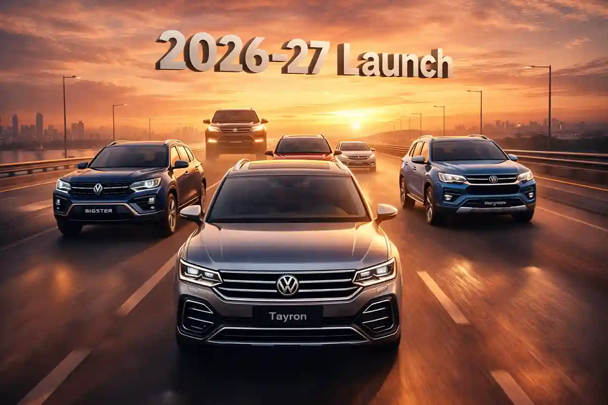 Cinematic collage of upcoming 7-seater SUVs including Volkswagen Tayron, Renault Bigster, Maruti Grand Vitara, Toyota Hyryder and next-gen Fortuner on Indian highway at sunset
