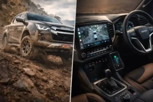 Split-view image of 2026 Isuzu V-Cross showing 4x4 off-road performance on rocky muddy terrain and premium interior with 10.3-inch touchscreen and 360-degree camera display