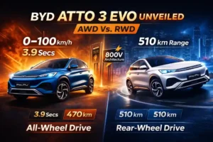 BYD Atto 3 Evo AWD vs RWD illustration showing 0–100 kmph acceleration, 510 km range, and 800V fast charging architecture