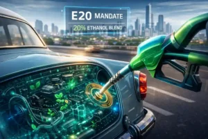 Futuristic green fuel nozzle dispensing E20 petrol into an older model car, with digital overlay showing ethanol blend, engine graphics, and mileage gauge in a modern Indian city backdrop.
