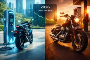 Split-screen comparison of electric bike charging and petrol motorcycle refueling with 2026 cost savings graph