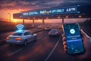 Barrier-free Indian highway toll plaza at sunset with vehicles moving seamlessly under FASTag and UPI only digital payment signs, smartphone showing successful UPI payment