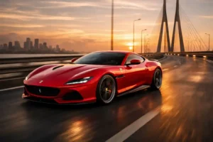 Side profile of the new Ferrari Amalfi supercar in Rosso Corsa red, driving on an Indian highway, showcasing its aerodynamic design and 640hp V8 engine.