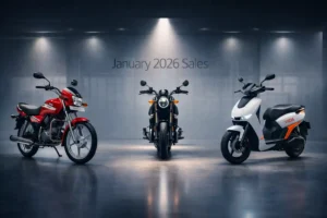 Wide-angle studio shot featuring Hero Splendor+, Harley-Davidson X440 under spotlight, and Vida V1 electric scooter in a modern showroom with January 2026 Sales text, symbolizing Hero MotoCorp portfolio performance.