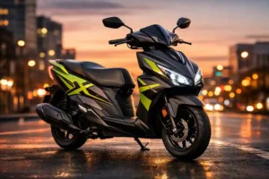 Sporty Honda Dio 125 X-Edition scooter in matte black and lime green with X graphics, parked on a city road at sunset with LED headlamp glowing