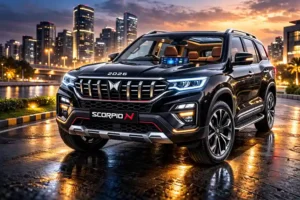 2026 Mahindra Scorpio N Facelift in Midnight Black parked on a wet urban street at twilight, featuring new chrome horizontal slat grille, LED headlamps with DRLs, 18-inch diamond-cut alloy wheels, panoramic sunroof, and glowing dual 10.25-inch screens.