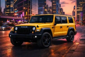 Mahindra Thar ROXX Star Edition 2026 in Citrine Yellow with 19-inch black alloy wheels and 5-door lifestyle design.