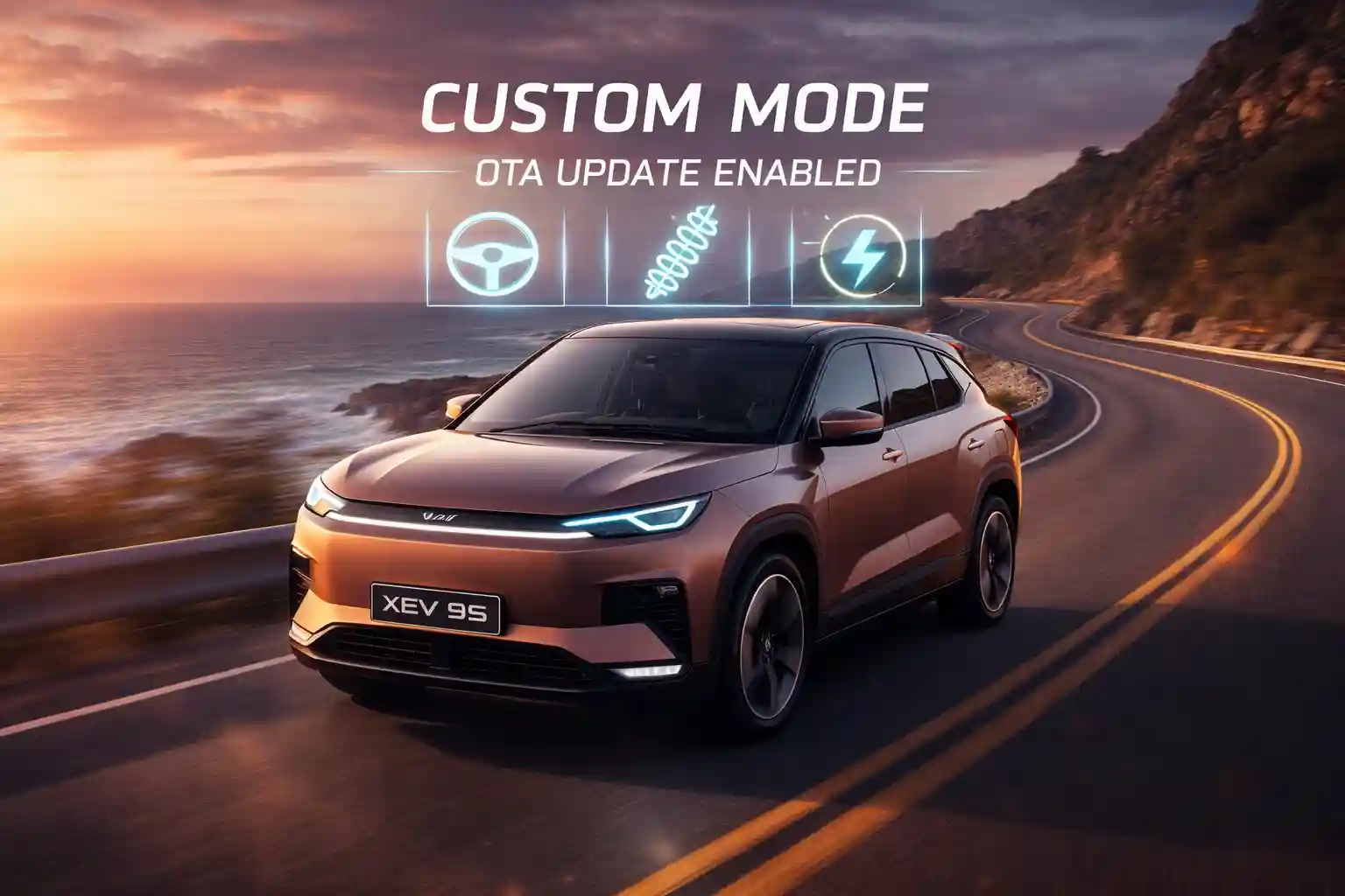 Mahindra XEV 9S electric SUV driving on a coastal highway at sunset with Custom Mode and OTA update digital HUD icons showing steering suspension and performance controls