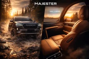 Split-screen cinematic view of Majester SUV off-roading through muddy forest stream with luxurious tan leather interior and Level-2 ADAS head-up display