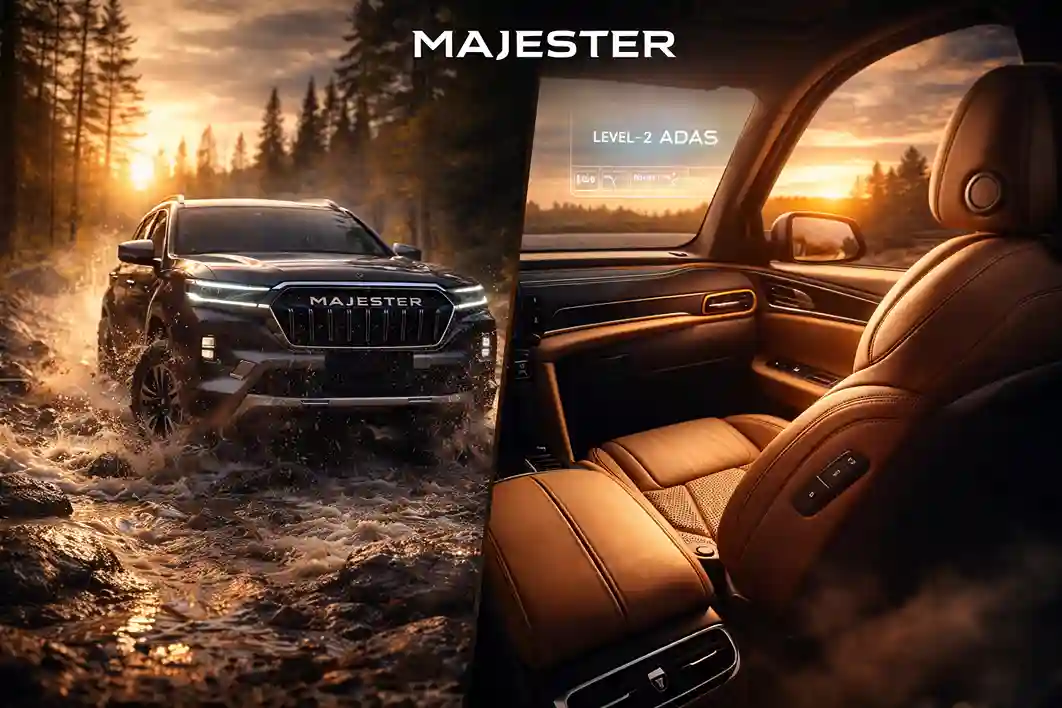 Split-screen cinematic view of Majester SUV off-roading through muddy forest stream with luxurious tan leather interior and Level-2 ADAS head-up display