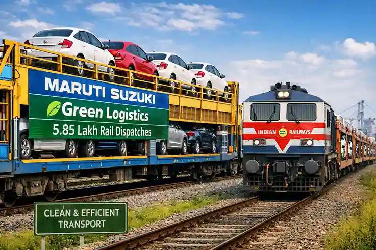 Maruti Suzuki cars being transported via Indian Railways freight train as part of green logistics initiative with 5.85 lakh rail dispatches