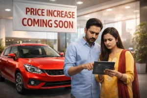Maruti Suzuki price hike 2026 alert as an Indian couple checks car prices in a dealership showroom