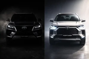 Side-by-side comparison of current-gen Toyota Fortuner in shadows and 2026 next-gen Fortuner in bright light showing Cyber Sumo front design, slim LED DRLs, and panoramic sunroof