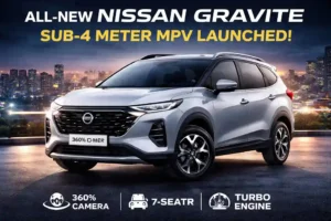 Nissan Gravite sub-4 meter MPV featured image showcasing bold honeycomb grille, LED DRLs, 360-degree camera, and 7-seater family car design.