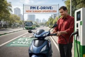 Indian electric scooter owner charging his EV at a public charging lane with PM E-Drive subsidy update 2026 banner in the background