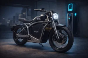 Royal Enfield Flying Flea FF-C6 electric motorcycle with girder forks and aluminum frame parked in a modern garage with blue EV charging dock