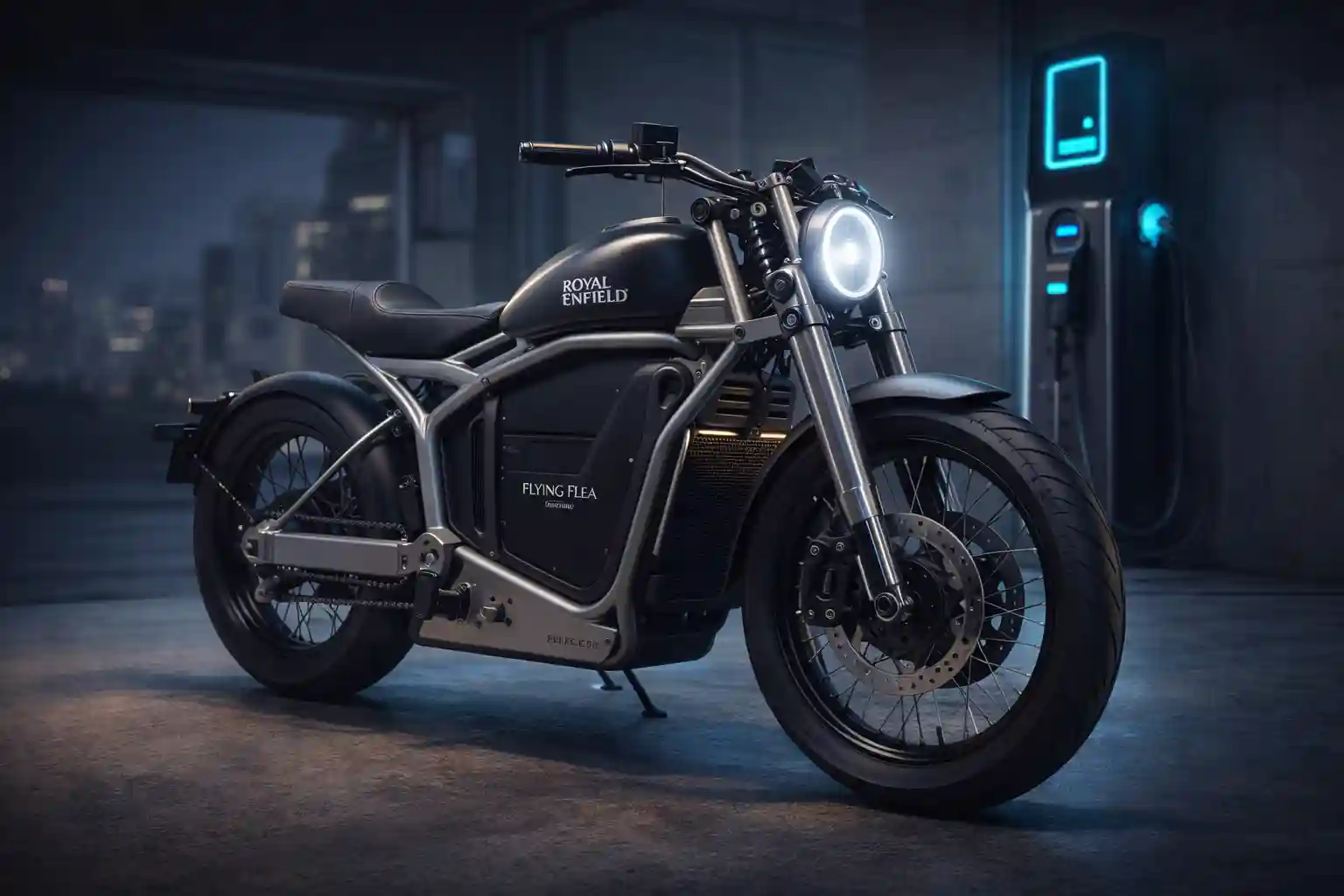 Royal Enfield Flying Flea FF-C6 electric motorcycle with girder forks and aluminum frame parked in a modern garage with blue EV charging dock