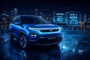 Futuristic Tata Punch EV Facelift 2026 in Electric Blue with full-width LED light bar, 421km range, and Level 2 ADAS display