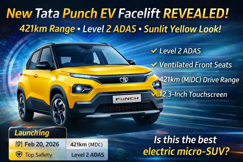 New Tata Punch EV Facelift in Sunlit Yellow with 421km range, Level 2 ADAS, and premium electric micro SUV design revealed for 2026