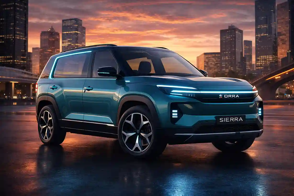 Photorealistic 3D render of Tata Sierra EV in teal blue color with iconic Alpine Glass and continuous LED light bar, showcased in a futuristic urban setting at sunset with cinematic lighting.
