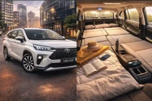 Split screen image of Toyota Veloz 2026 showing white exterior in urban setting and interior Long Sofa Mode with seats folded flat