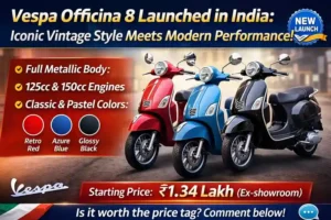Vespa Officina 8 launched in India showing retro red, azure blue, and glossy black scooters with metallic body and vintage design