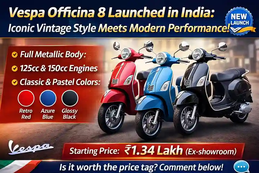 Vespa Officina 8 launched in India showing retro red, azure blue, and glossy black scooters with metallic body and vintage design