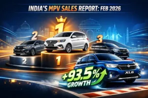 India MPV sales February 2026 infographic showing Maruti Ertiga at number 1 Toyota Innova and Kia Carens on podium and Maruti XL6 with 93.5 percent growth