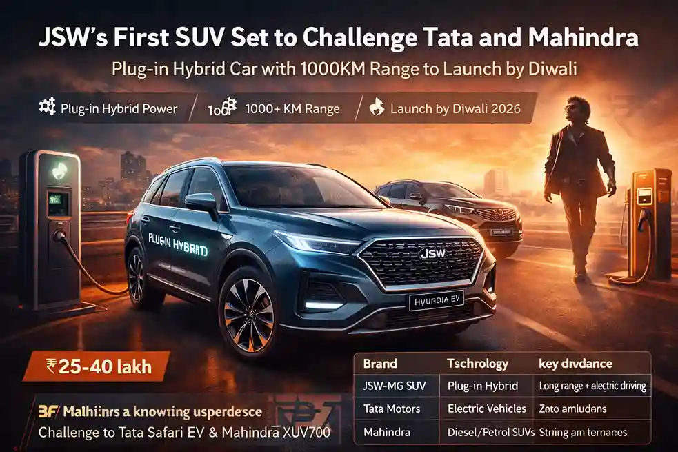 JSW’s first plug-in hybrid SUV with 1000km range expected to launch by Diwali in India, competing with Tata and Mahindra SUVs.