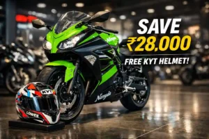 Kawasaki Ninja 300 in lime green with ₹28000 discount offer and free KYT helmet showroom image India