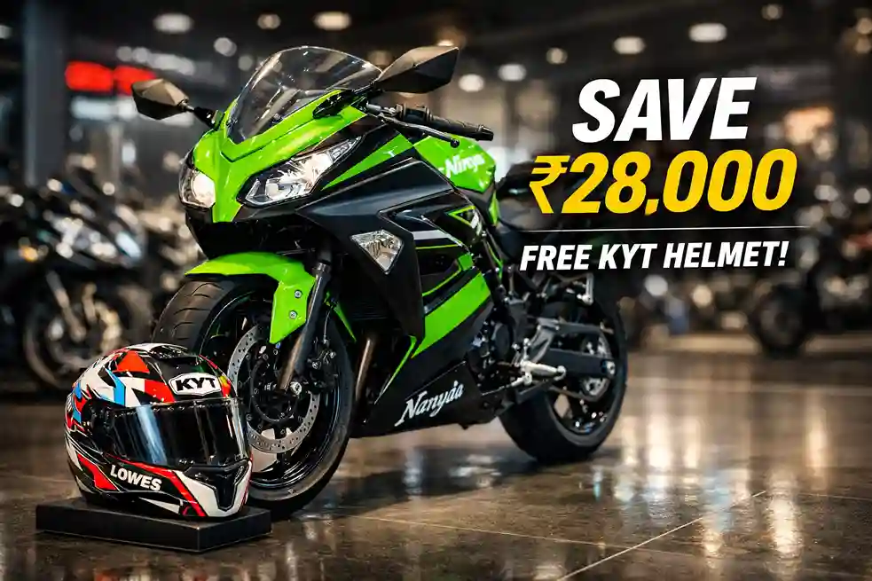 Kawasaki Ninja 300 in lime green with ₹28000 discount offer and free KYT helmet showroom image India