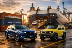 Maruti Suzuki Fronx and Jimny at Indian export port with car carrier ship highlighting India automobile exports 2026
