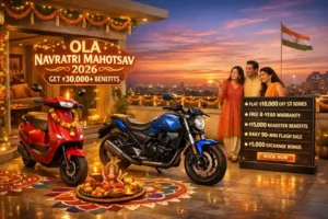 Ola Navratri Mahotsav 2026 festive offers with S1 Pro scooter and Roadster bike showing ₹30000 benefits on decorated terrace in Panipat