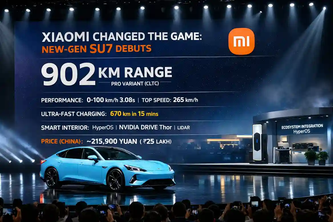 Xiaomi SU7 Ultra electric car showcased at launch event with 902 km range, fast charging, and high performance specs displayed on LED screen