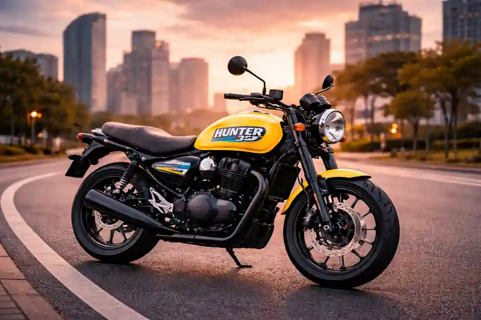 2026 Royal Enfield Hunter 350 Mumbai Yellow with alloy wheels parked on road with city skyline at sunset in Panipat