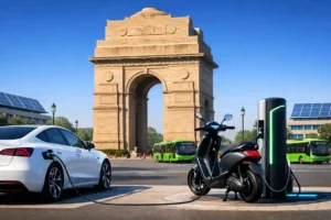 A futuristic India Gate in New Delhi with electric car and e-scooter charging at LED stations, green buses, solar panels, and clear pollution-free sky