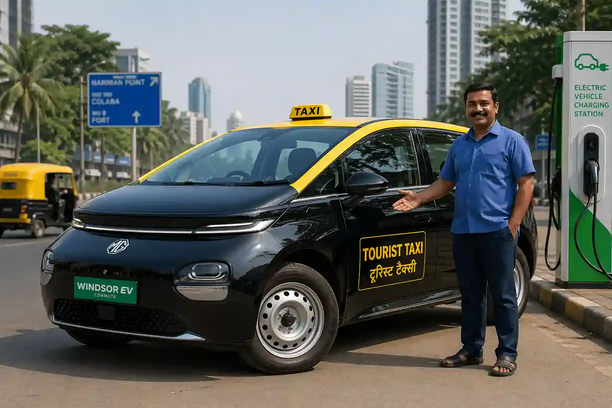 MG Windsor EV Commute electric taxi in yellow and black color with Indian driver standing beside it near EV charging station in a modern city