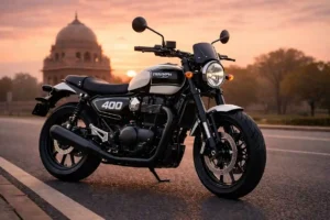 Triumph Tracker 400 Phantom Black Caspian White with 17-inch alloy wheels near Kala Amb Panipat at sunset